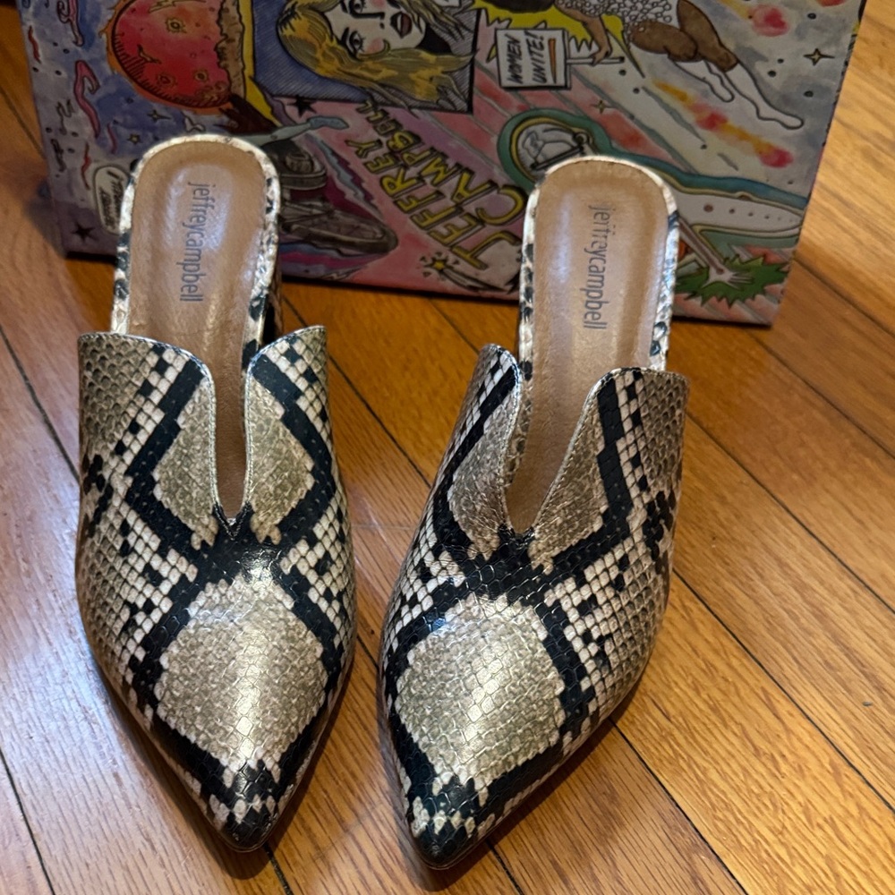 Jeffrey Campbell Gold and Black Snake-Print Pointed Mules